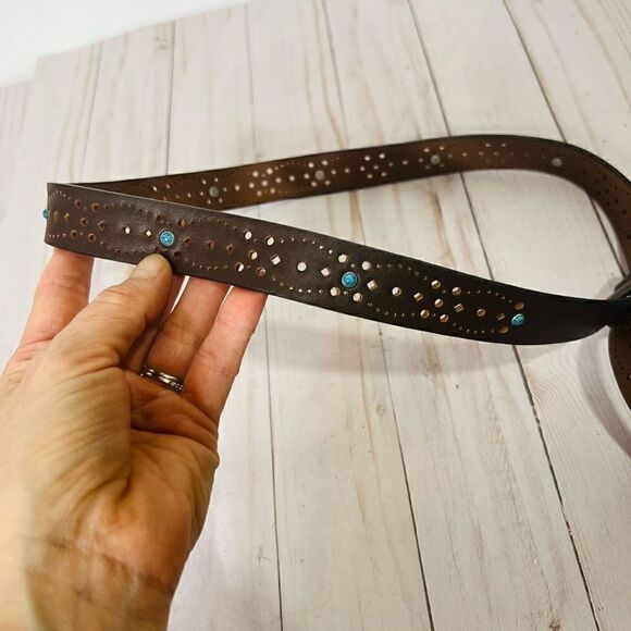 NYDJ Brown Leather Laser cut Belt Turquoise color stones - Picture 3 of 4